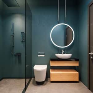 Modern interior design of bathroom vanity, Aegean blue walls with round mirrors, minimalist and clean concept, 3d rendering